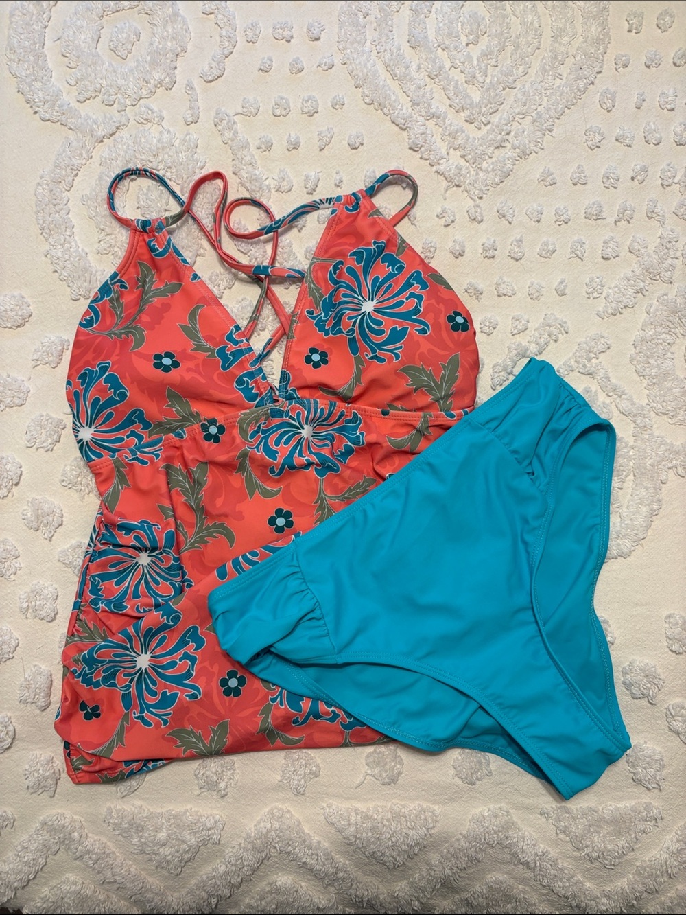 SHEIN Coral Floral Tankini Top with Teal Bikini Bottoms. NWOT